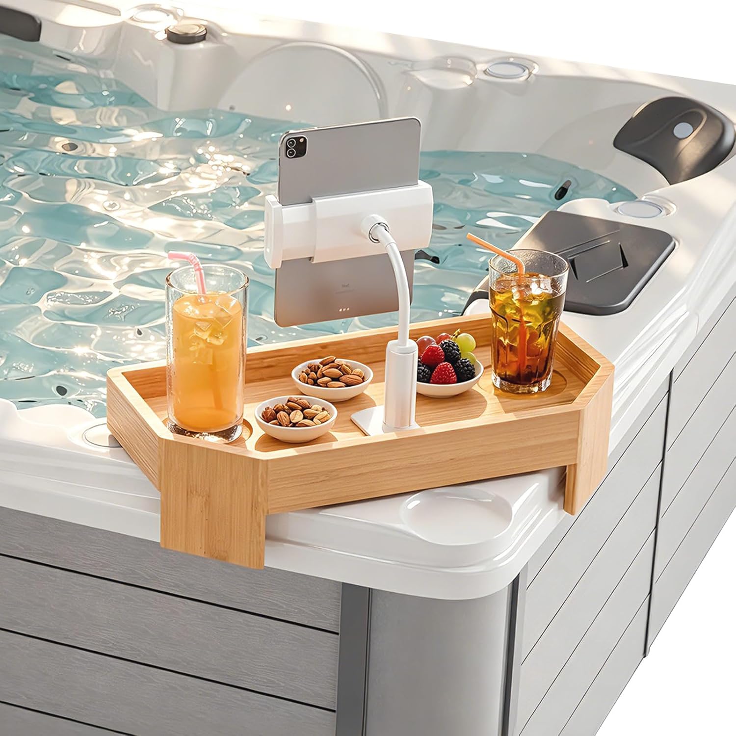 POOLCOMFT Bamboo Spa Tray with Adjustable Phone Holder, Non-Slip